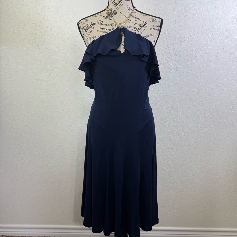 Lauren‎ Ralph Lauren gold chain halter 6 sheath Elegant Navy Blue Ruffle Dress
